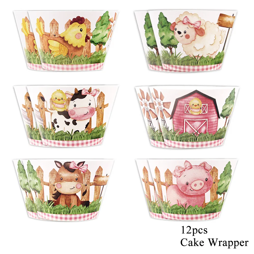 12Pcs Farmland Animal Cake Wrapper Carton Pig Cow Paper Cupcake Holder For Kids Farm Birthday Party Decoration DIY Cake Wrapping