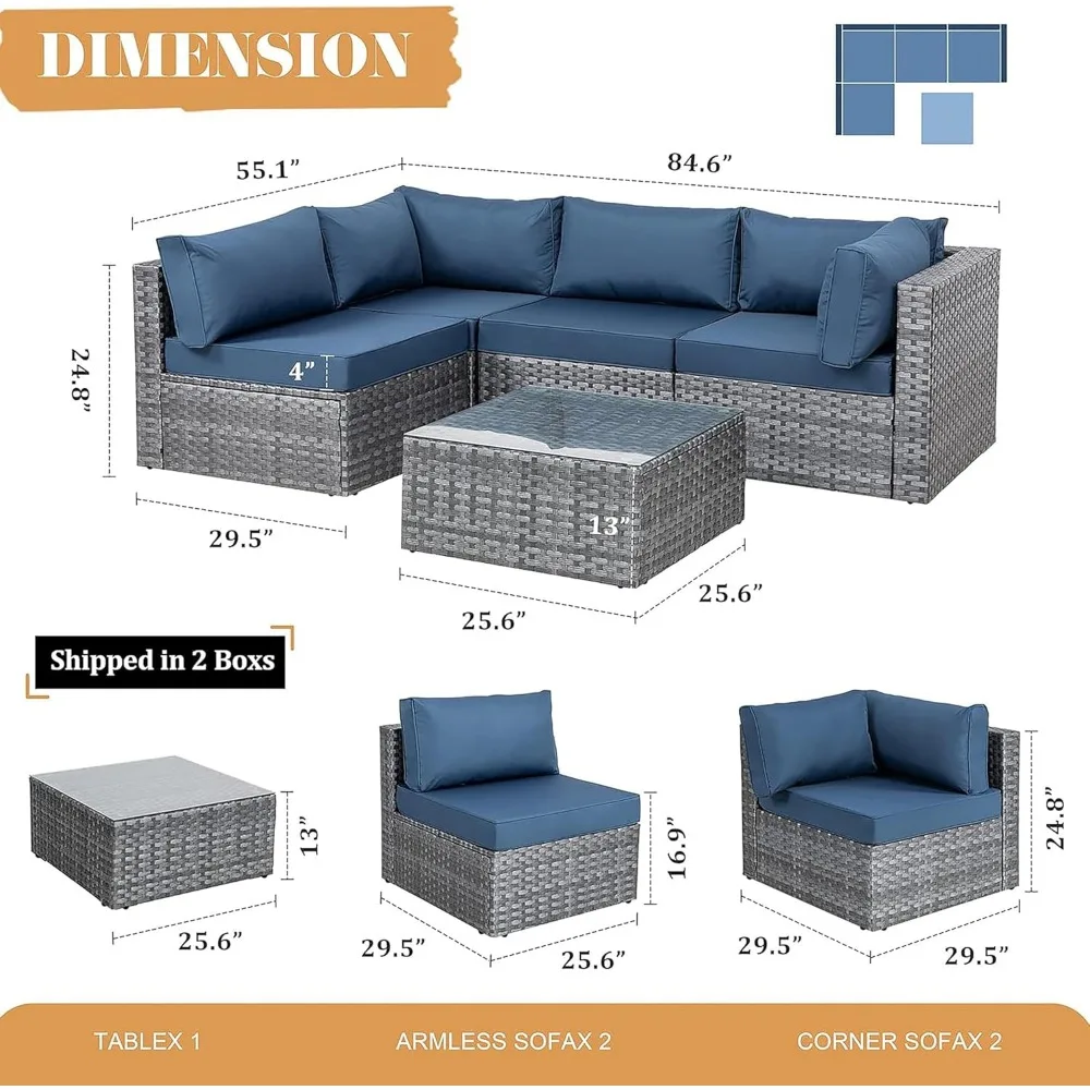 5pcs Patio Outdoor Furniture Sets Conversation Set,Low Back All-Weather Rattan Sectional Sofa with Tea Table&Washable Couch