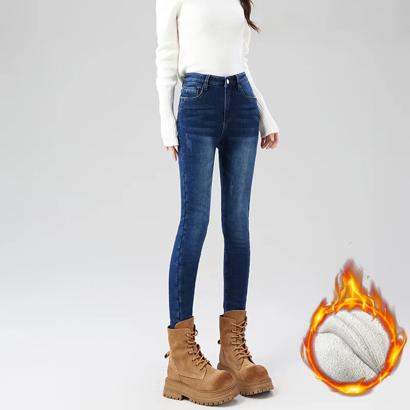 겨울 여성 플리스 청바지 스키니 엘라스틱 슬림 라이트 블루 데님 팬츠 패션 한국 소녀 학생 따뜻한 두꺼운 보온 바지