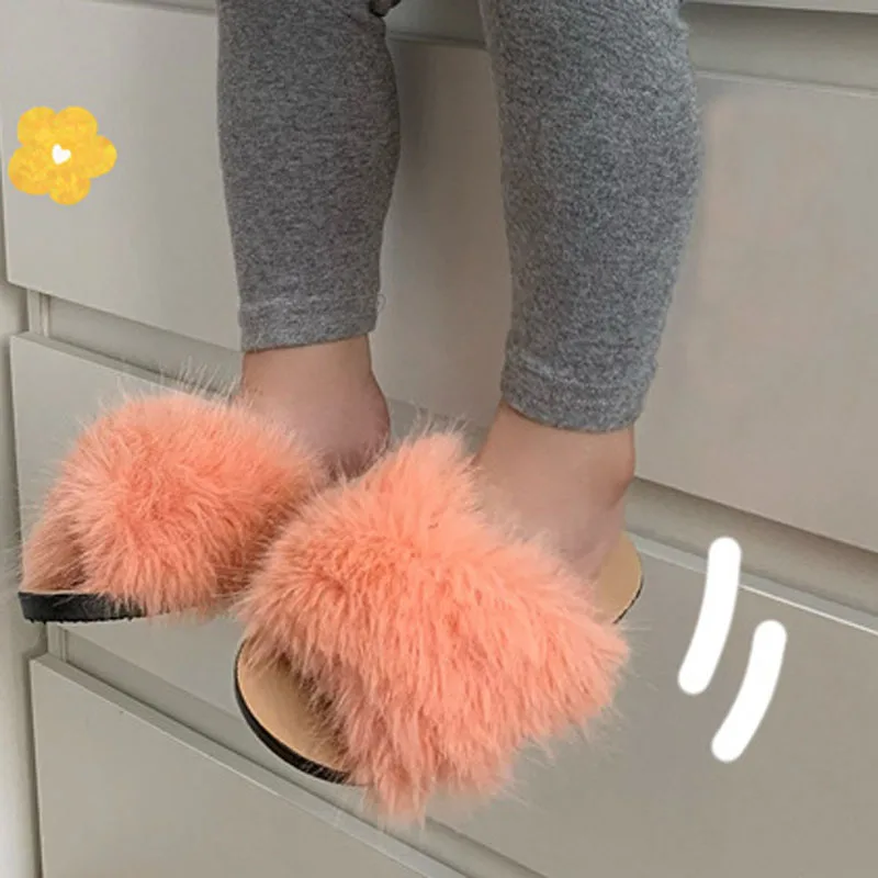 Faux Fur Slippers Children Home Flat Slides Furry Summer Shoes Soft Sole Kids Slippers for Girls Shoes Indoor Flip Flops CSH1420