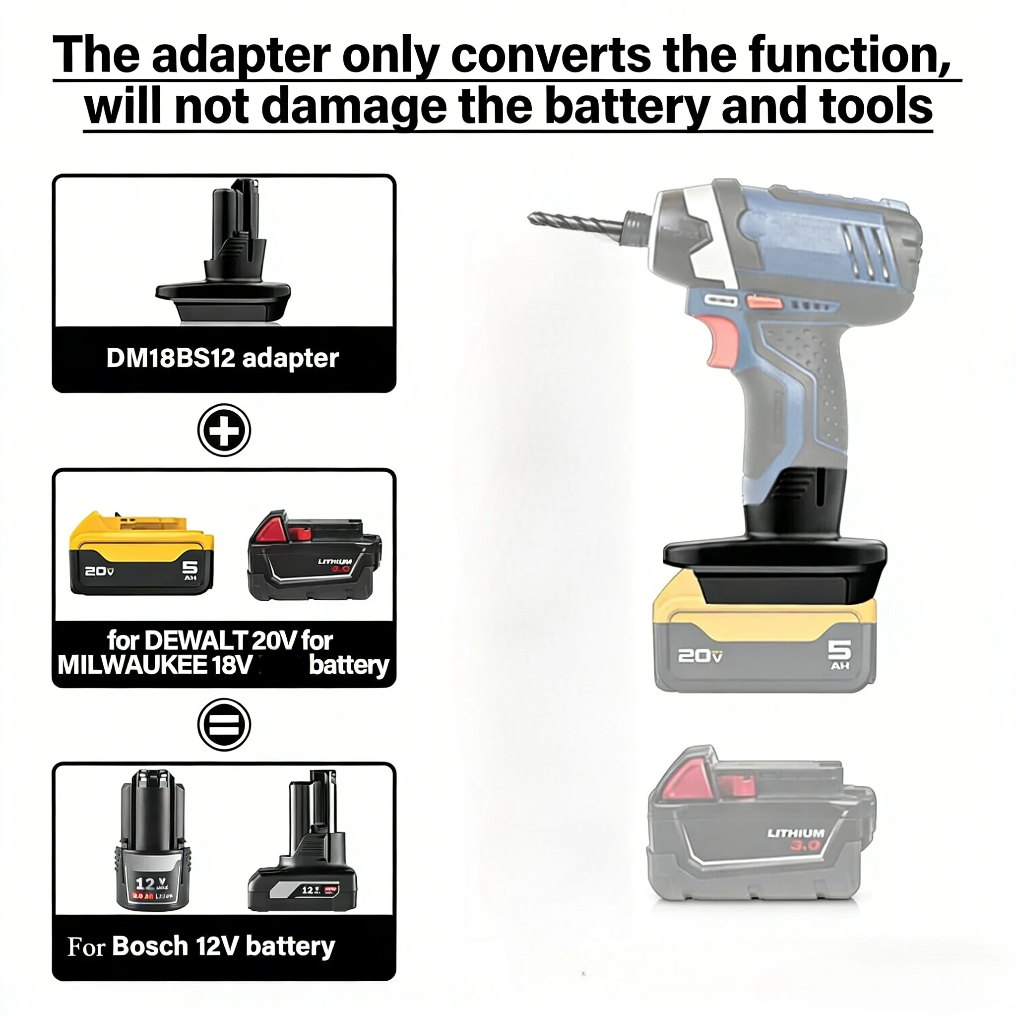 DM20BS12 Converter for Dewalt 20V to for Bosch 12V tool Adapter for Milwaukee 18V Battery to for Bosch 12V GBA Power tools