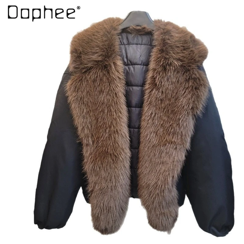 

Новинка 2023 года, пальто с большим меховым воротником для женщин, универсальный теплый свободный топ, хлопковая парка, зимняя одежда, женское пальто из искусственного меха