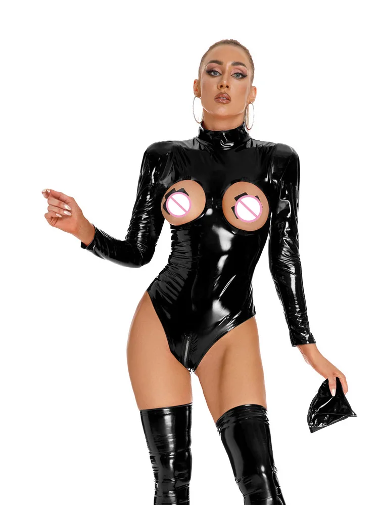 Sexy Open Cup Bust High Cut Bodysuit PVC Latex Elastic Sexy Tight Hollow Out Clubwear Dance Leotard WetLook Open Crotch