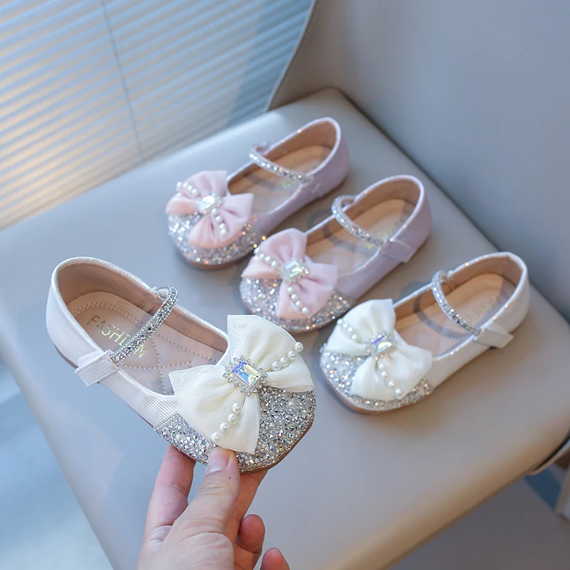 

New Children Leather Shoes Rhinestone Bow Princess Girls Party Dance Shoes Baby Student Flats Kids Performance Shoes Mary Janes