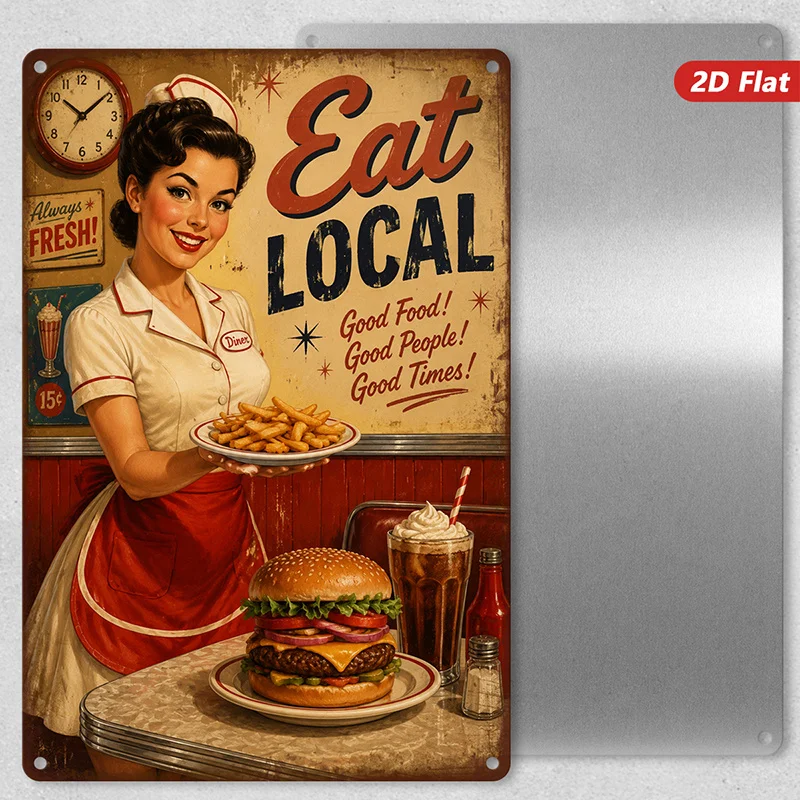 2D Flat, 1pc Retro Diner Waitress Metal Sign Wall Art, Eat Local Text, Smiling Waitress Portrait, Fries Plate