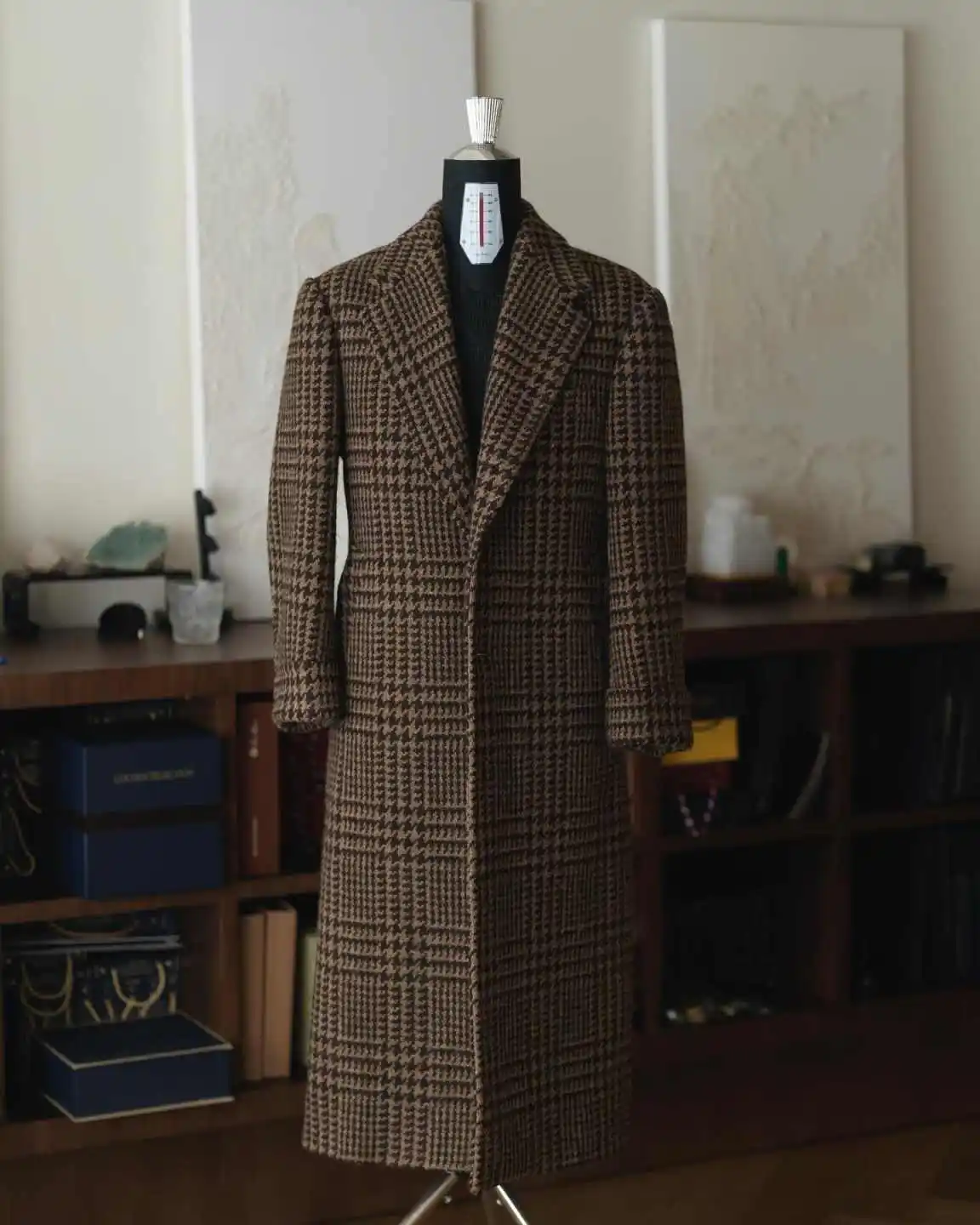 Handsome Men Long Coat 1 Piece Set Check Man Overcoat Fashion Notched Lapel Warm  Plus Size Business Blazers Customized