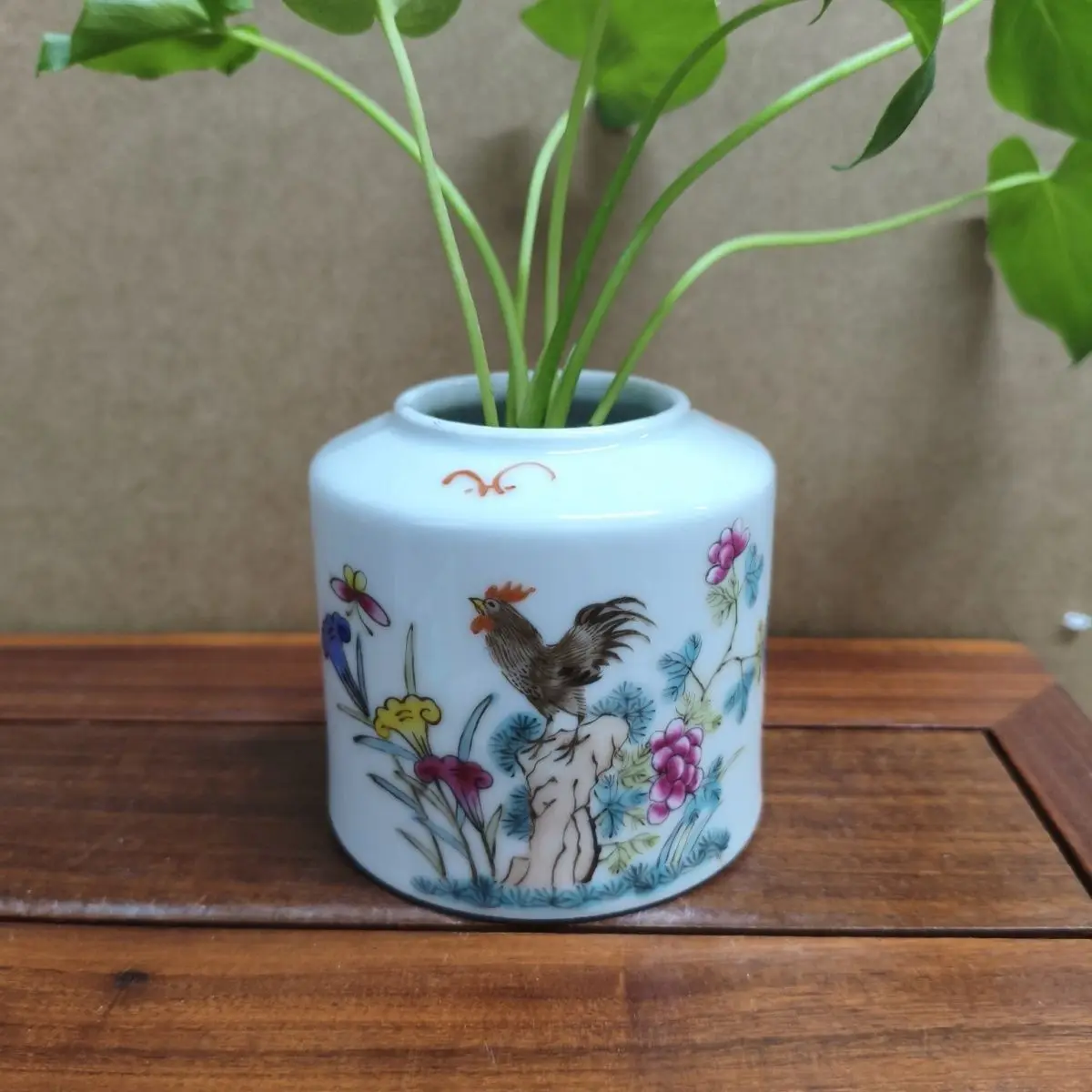 Old Collection Hand Drawn Rooster Slice Chinese Scholar Four Treasures Water Bowl Decorative Jar
