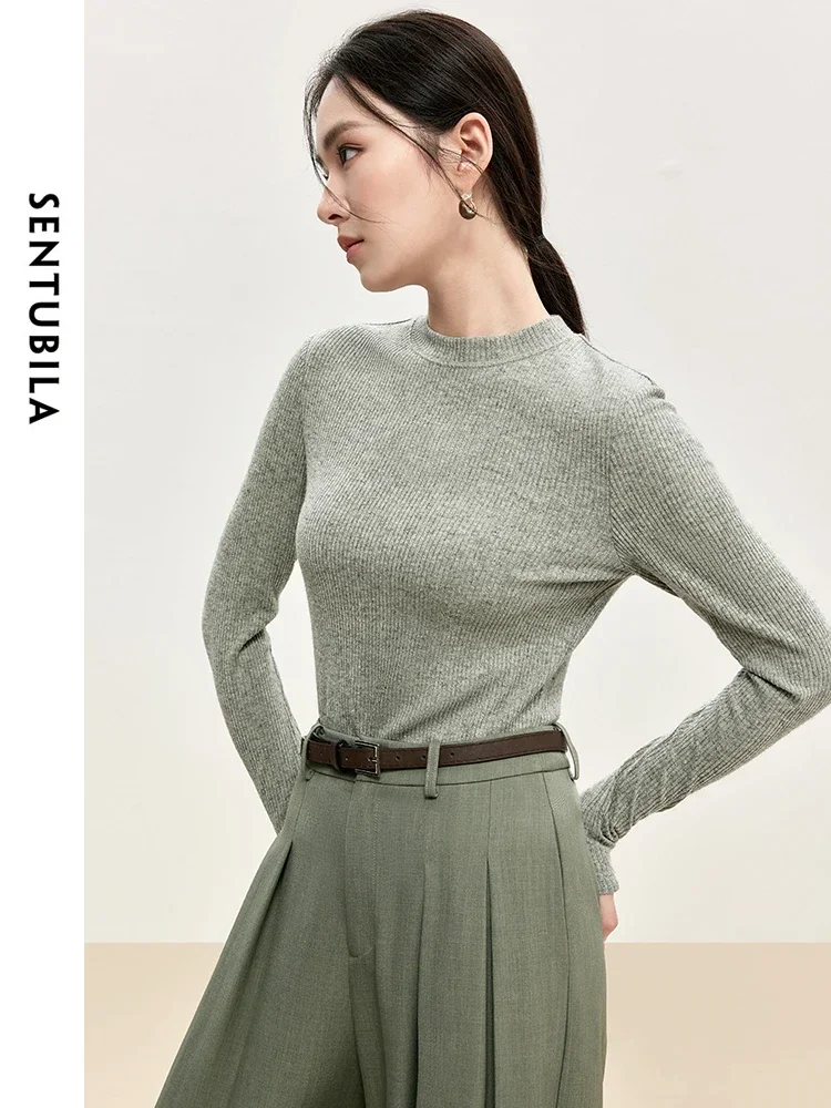 SENTUBILA Women Comt Knitted T-shirt   2024 Spring Autumn Casual Slim Fit O Neck Long Sleeve Basic  Clothing 143T56726