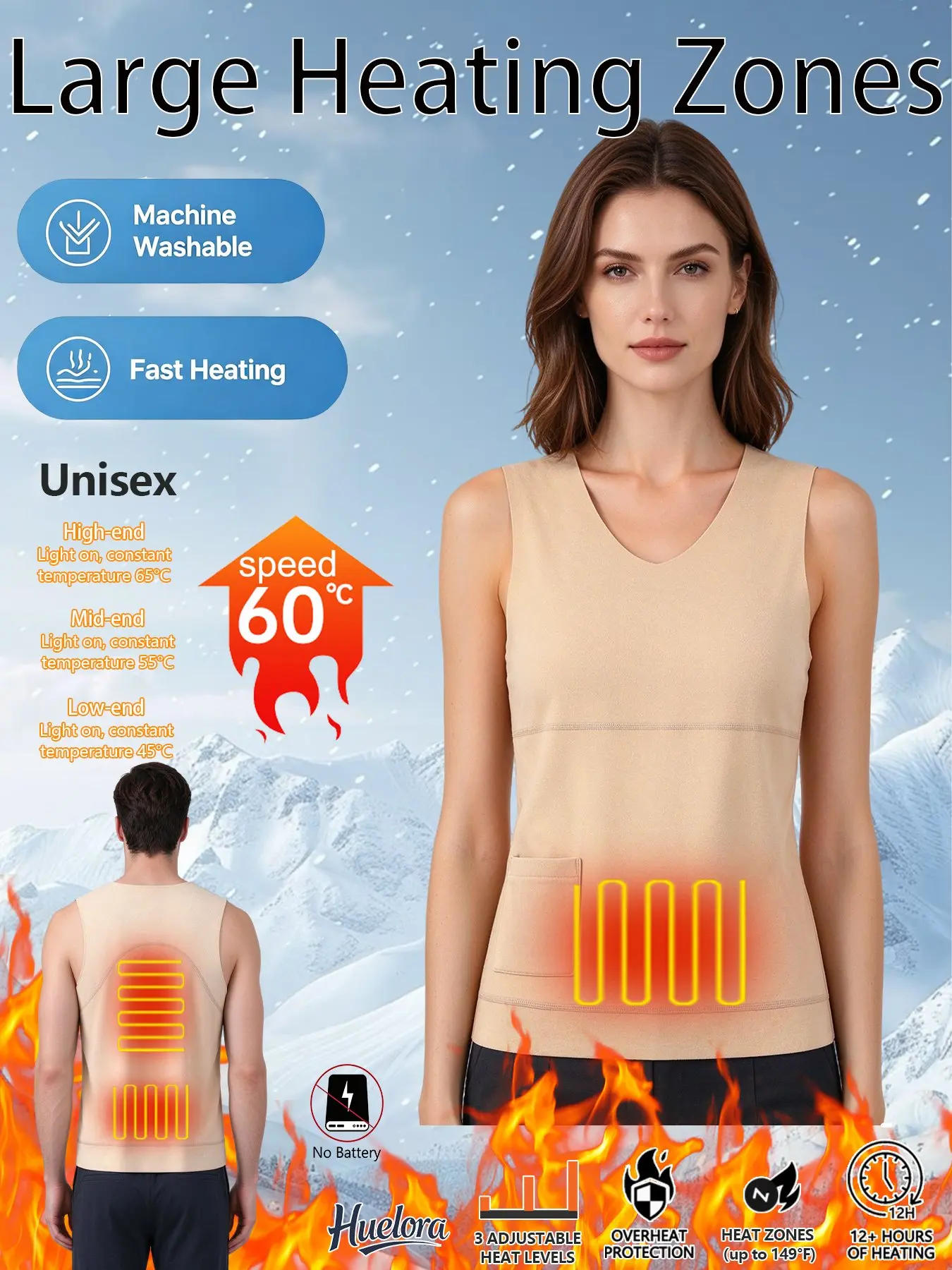Huelora flesh Seamless Heated Vest for Men Women Large Heating Zones Electric Heated Tank Top 3 Adjustable Temp up to 149°F