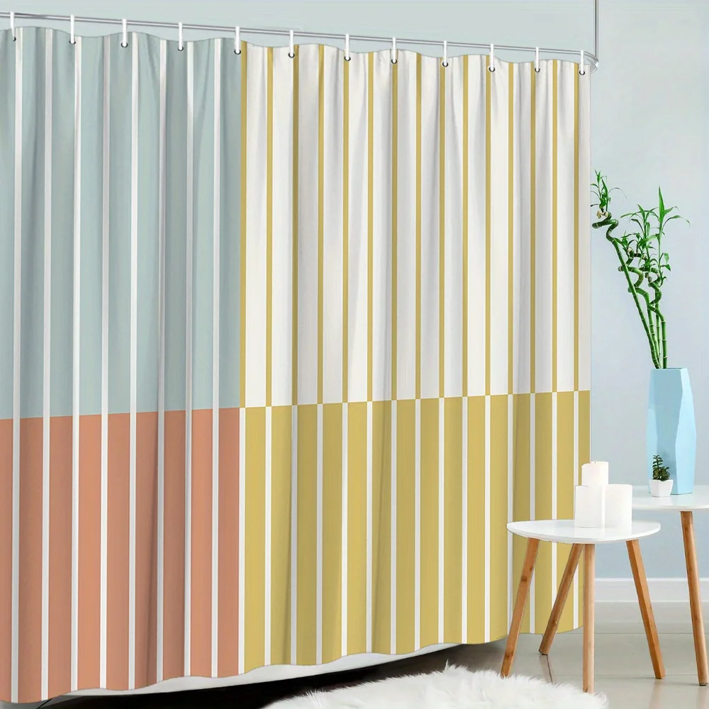 1pc Modern Geometric Shower Curtain with Vertical Stripes in Light Blue, Yellow, Brown, and Beige - Minimalist Bathroom Decor, P