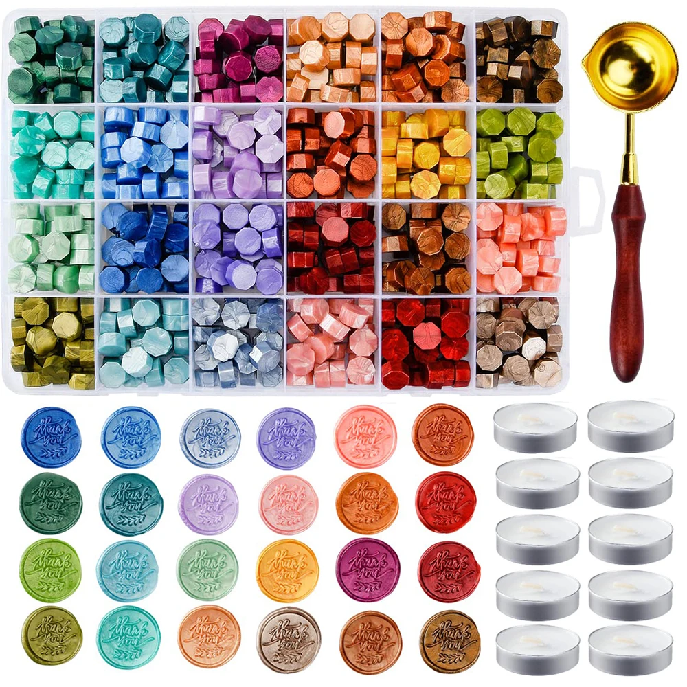 Wax Seal Kit 24 Colors Sealing Wax Beads/10 Candles/1 Wooden Spoon for DIY Envelope Wedding Invitation Gift Card Making Supplies