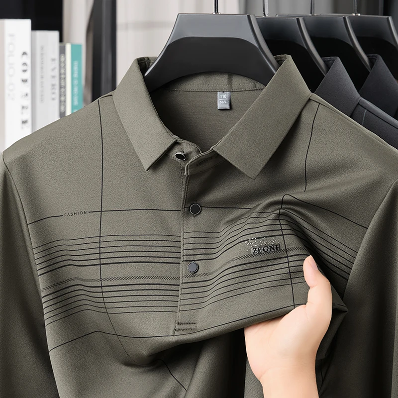 TFETTERS Brand 2026 Autumn Oversized Tshirt Men Middle-aged Long-sleeved Tops Turn Down Collar Smooth Soft Geometric T-shirt Man