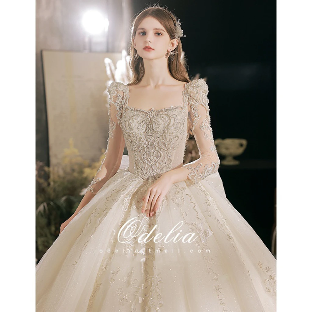 

Princess Wedding Dress Square Collar Applique Sequins Long Sleeve Illusion Back Big Bow Luxury Ball Bridal Gown Robe De Mariage