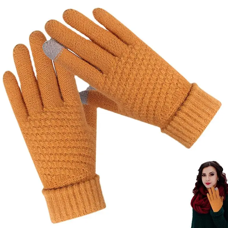 Winter Touch Screen Gloves Full-Hand Thickened Touchscreen Gloves Anti-Slip Warm Knit Gloves Elastic Cuff Winter Texting Gloves