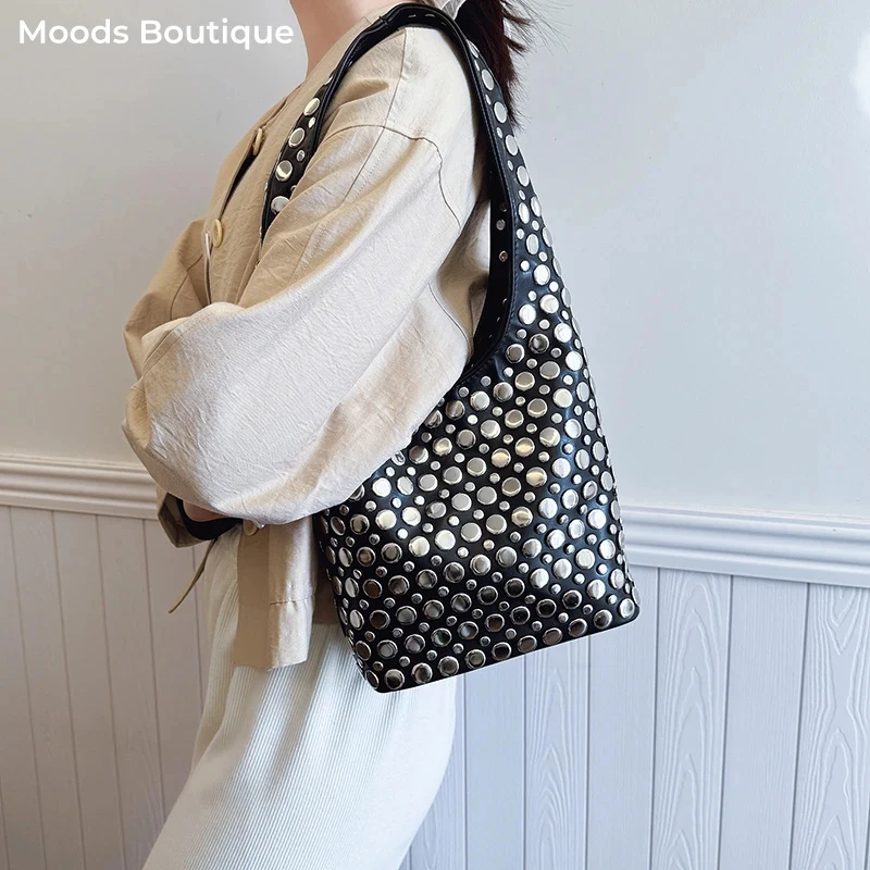 

women's shoulder bag, Punk biker style bucket shoulder bags for women, decoration with rivets,luxury designer handbags and purse
