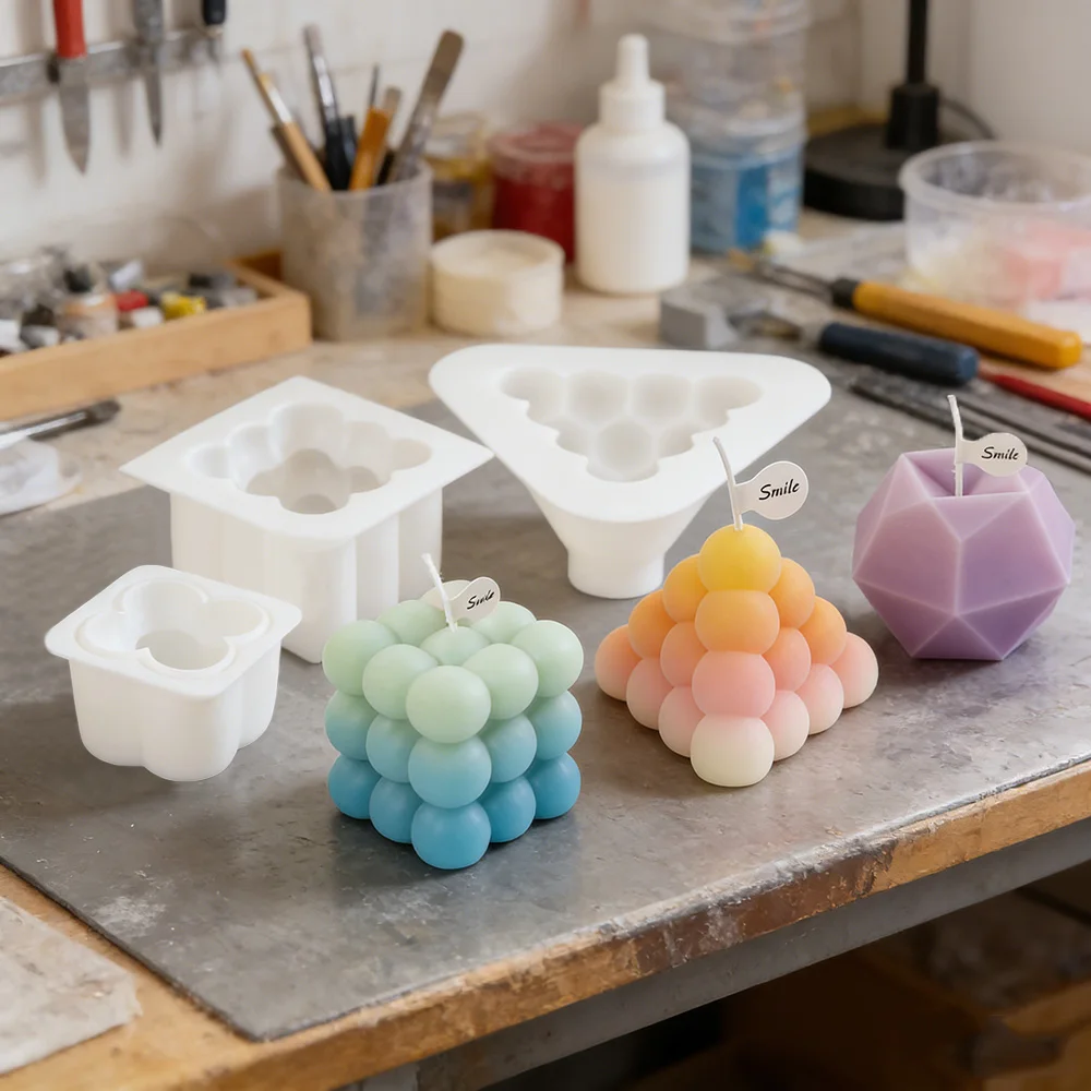 3D Bubble Cube Silicone Candle Molds Set, Geometric Ball Candle Making Kit for Home Decor Crafts Handmade Gift