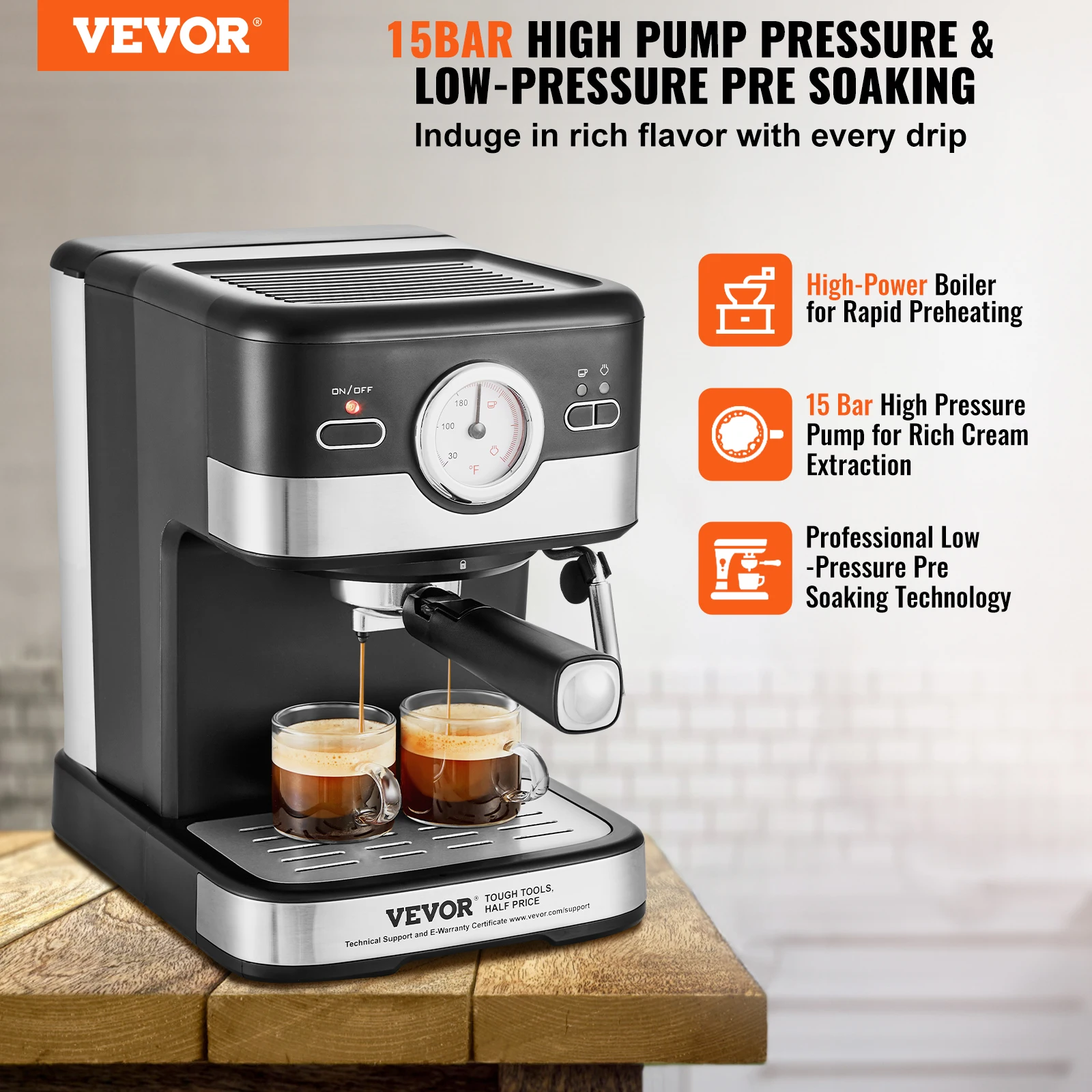 VEVOR Semi-Automatic Espresso Maker 15 Bar Espresso Machine with Milk Frother Steam Wand Professional Coffee Maker with Temp Gau