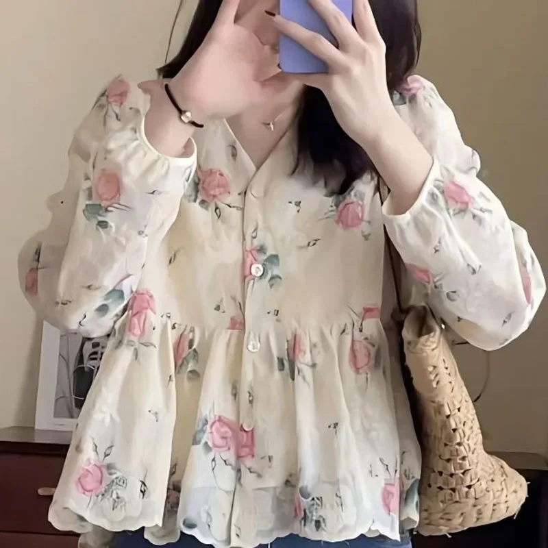 Prairie Chic Summer Fashion Women Temperament Floral Bishop Sleeve V-neck Doll Shirt Spring All-match Loose Long Sleeved Tops