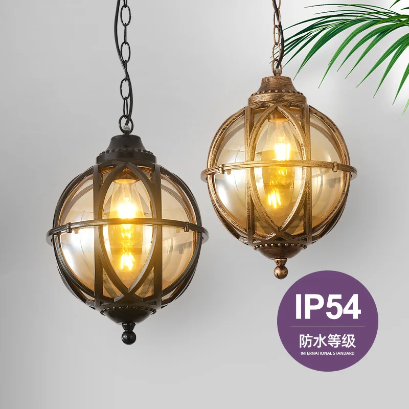 American Indoor Outdoor Waterproof Glass LED Pendant Lamp Sphere E27 Chandelier Courtyard Corridor Balcony Villa Garden Lighting