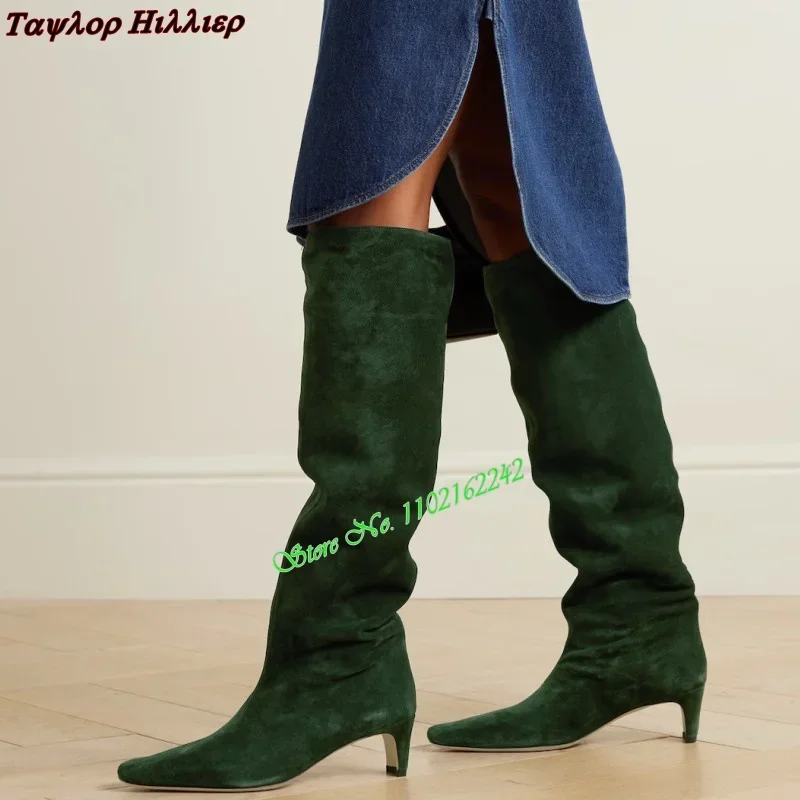 Autumn New Square Toe Low Heel Long Boots Retro Fashion Pleated Suede Square Heel All-Match Fashion Knee-High Boots For Women 43