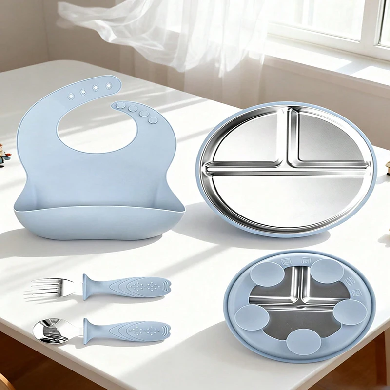 4-Piece Stainless Steel and Silicone Feeding Set: Stainless Steel Plate and Silicone Plate, Stainless Steel Fork and Spoon, Silicone Bib, Holiday Gift
