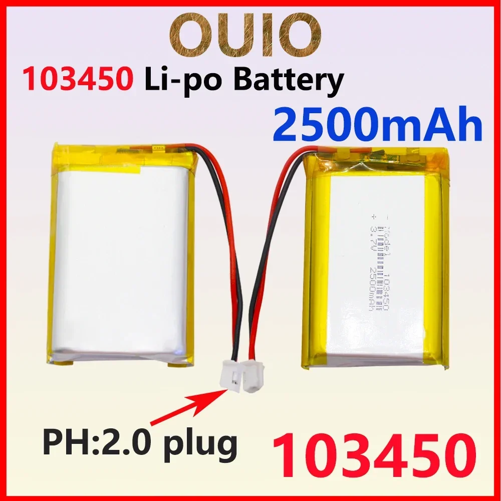 103450 3.7V 2500mAh Polymer Lithium Rechargeable Battery jst PH 2.0mm 2pin plug for Camera GPS navigator MP5 Bluetooth Headset