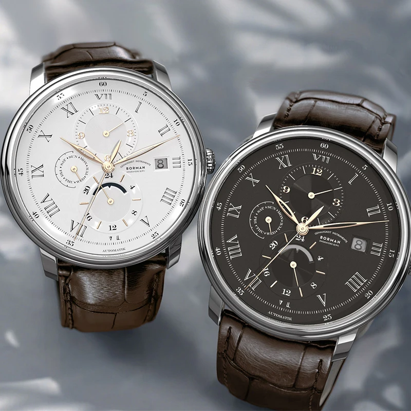 BORMAN Orologio meccanico da uomo d'affari casual Cintura in pelle di lusso multifunzione 40 mm Orologi automatici da uomo