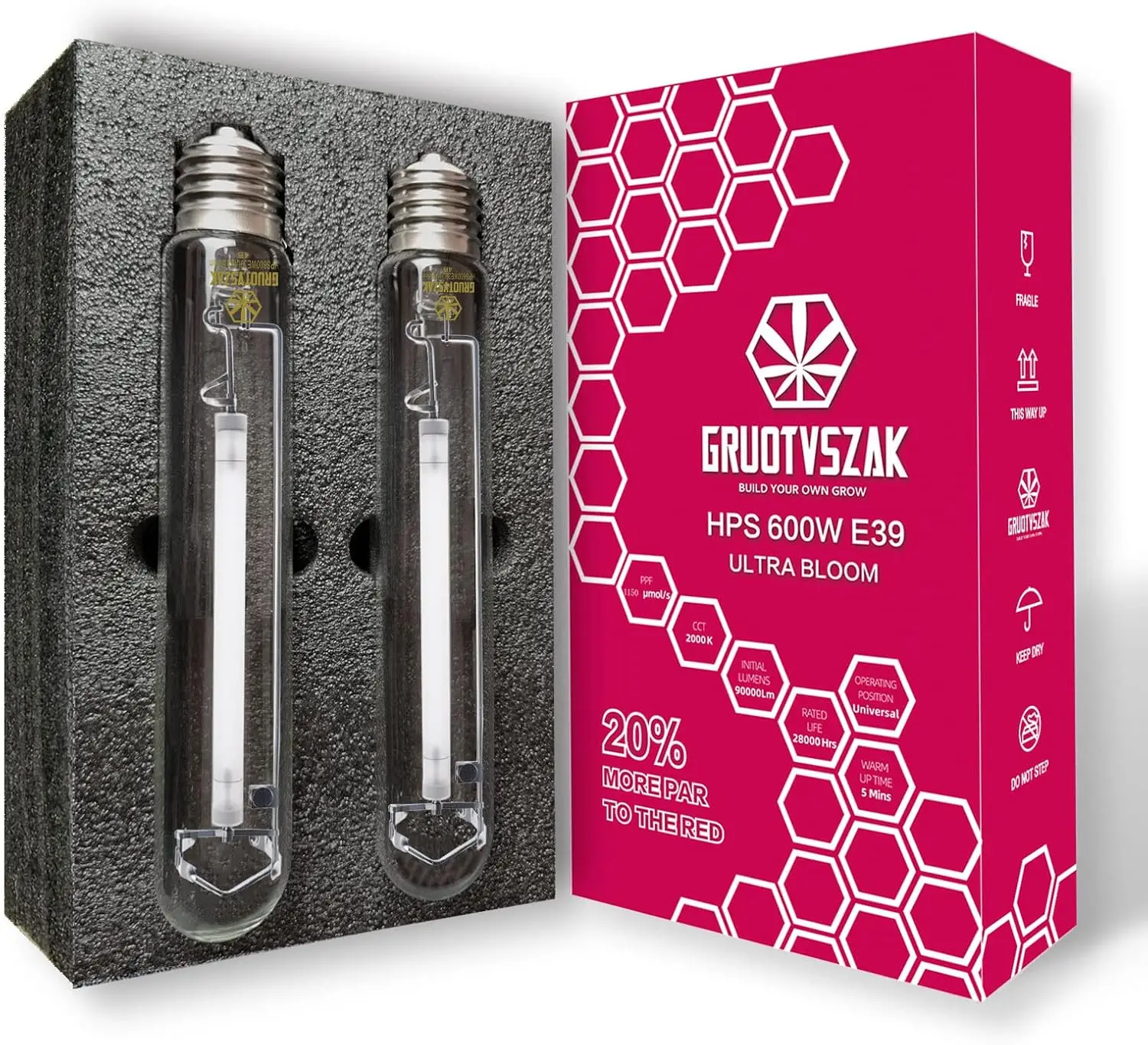 

Лампа для растений 600W E39, 1150μmol/s PPF, 90000 люмен, красный спектр для более крупных бутонов, 2 шт.