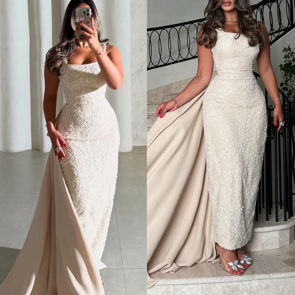 

Customized Exquisite Square Collar Spaghetti Straps Sleeveless Evening Dress Delicate Crystal Prom Dresses Sparkly Party Gowns