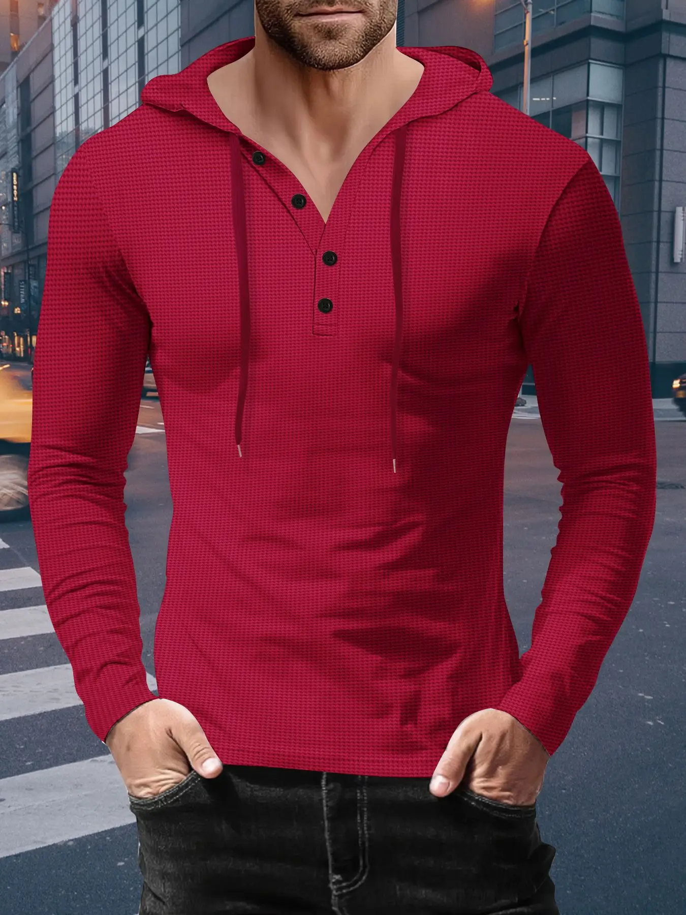 Autumn and winter men\'s new fashion sports polo shirt hooded solid color 4 button polyester fiber hoodie