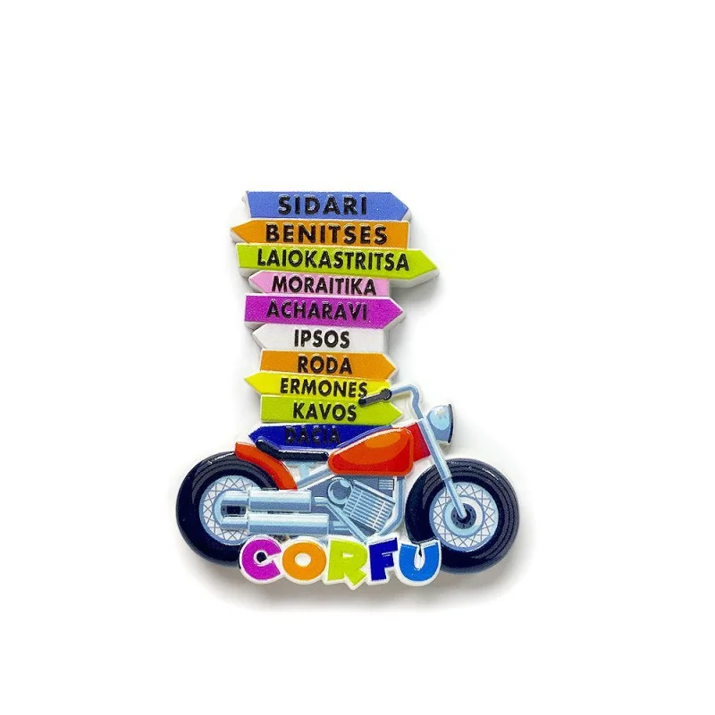 Corfu Island Colorful Road Sign Motorcycle Shape Travel Souvenir Decoration Creative Magnetic Fridge Magnet Gift