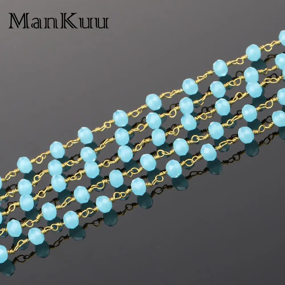 Mankuu 5Meter DIY 4x6mm Wire Wrapped Rosary Chain Faceted Blue Crystal Quartz Beads For Necklace Bracelet Handmake