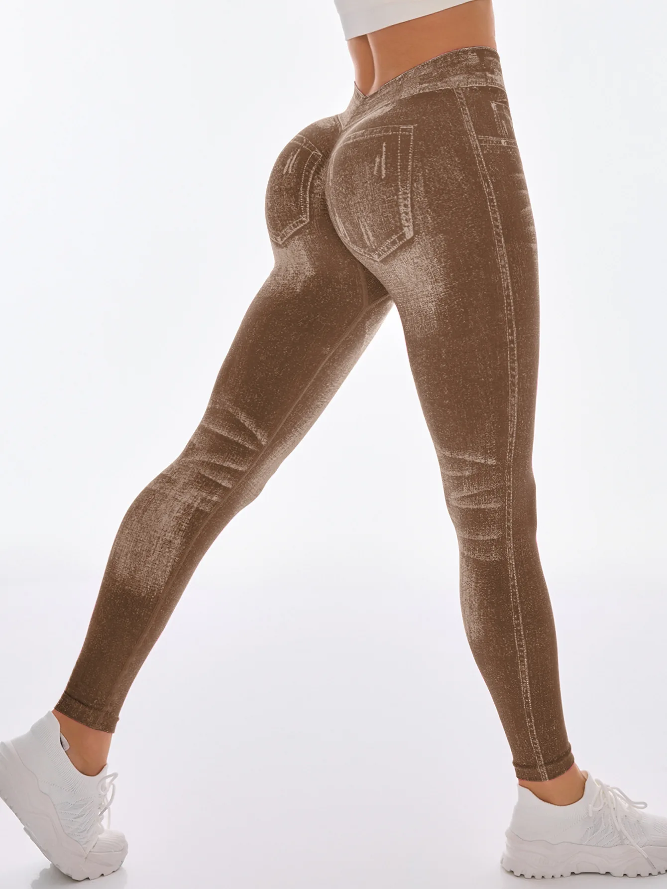 Damen Gym Bedruckte Yoga-Leggings Nahtlose Hochtaillierte Denim-ähnliche Perforierte Hosen mit Fake-Taschen Yoga Fitness Leggings – Detail 7