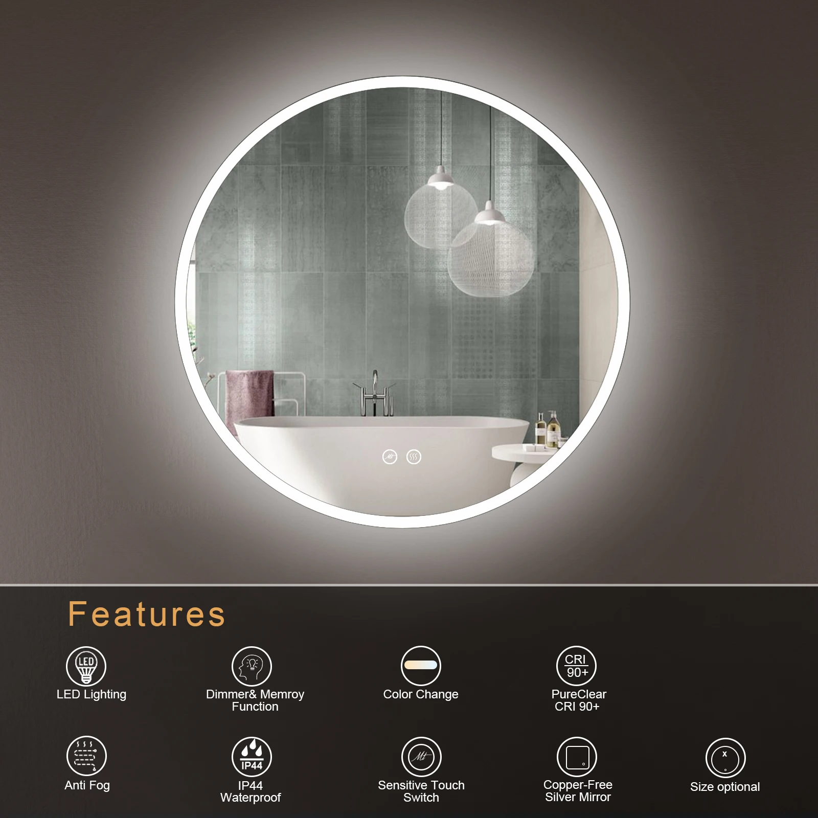 Hot sale Bathroom Mirror With Led Light Hang backlit Smart Round Bathroom LED Smart Mirrors