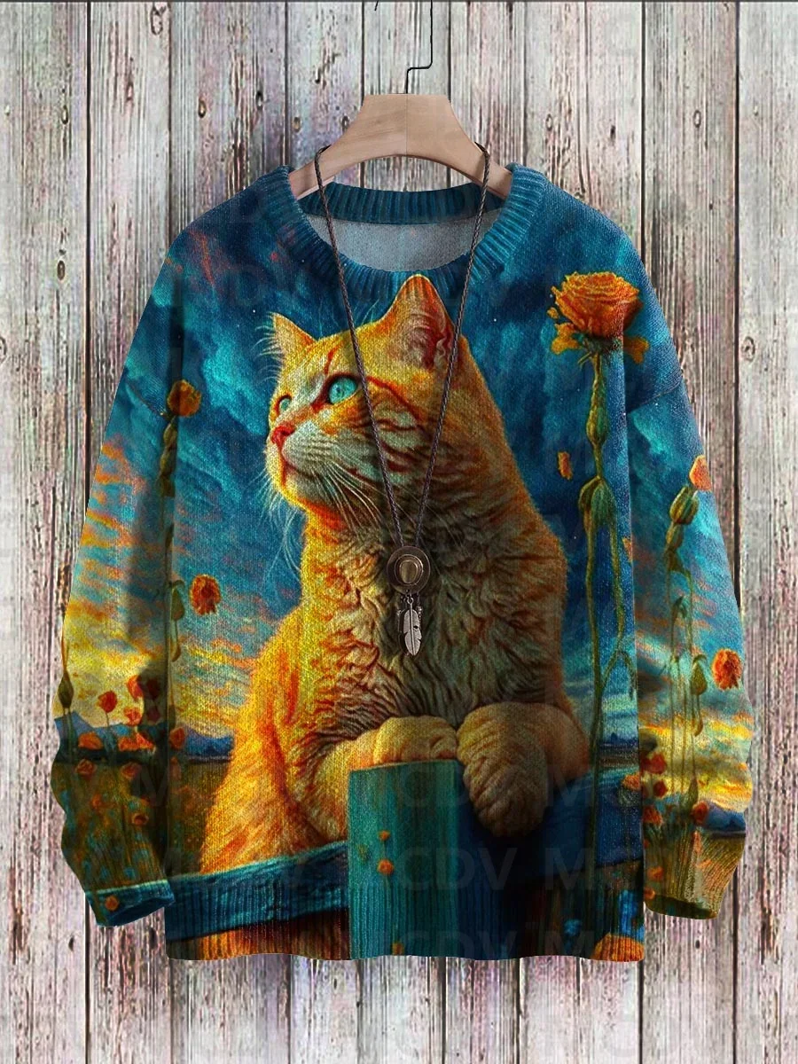 Jersey de punto informal con estampado de gato y flores, suéter con patrón artístico