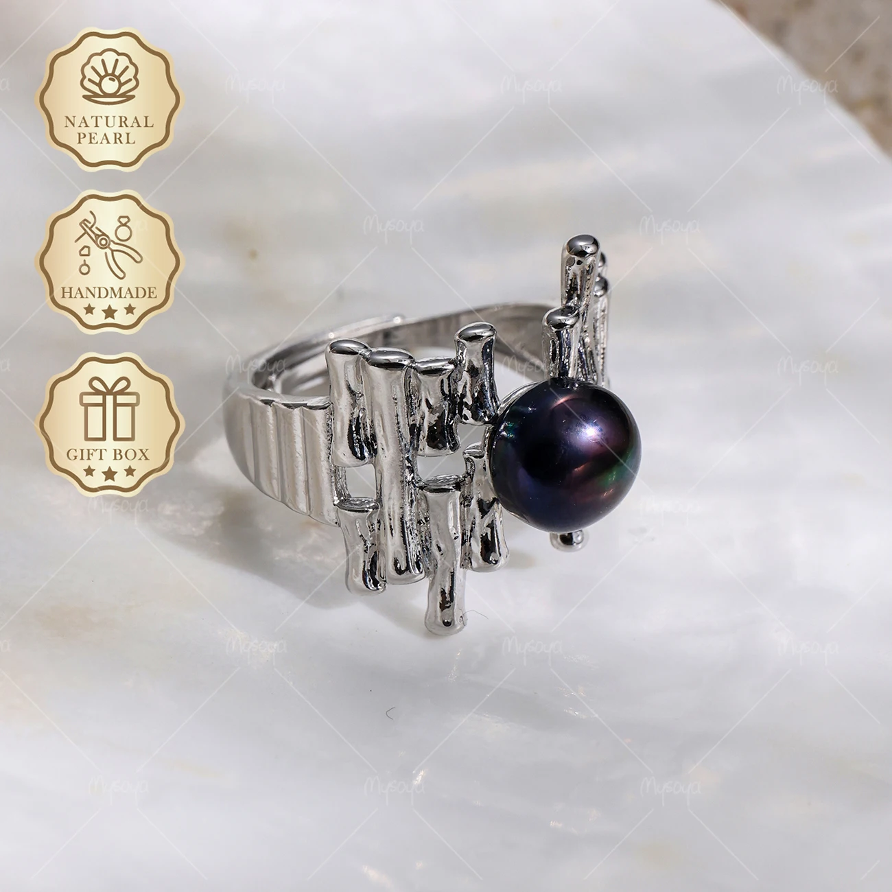 

MYSOYA 8-9mm Freshwater Pearl Open Ring Silver Irregular Geometric Ring, Gift Box, Birthday Jewelry S426