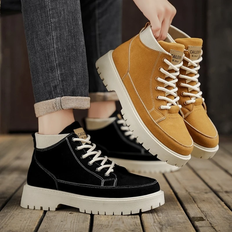 Men's High-top Boots with Round Toe Multi-color Soft Sole Lace-up Design Trendy Versatile Thick Sole Anti-slip Style Work Boots