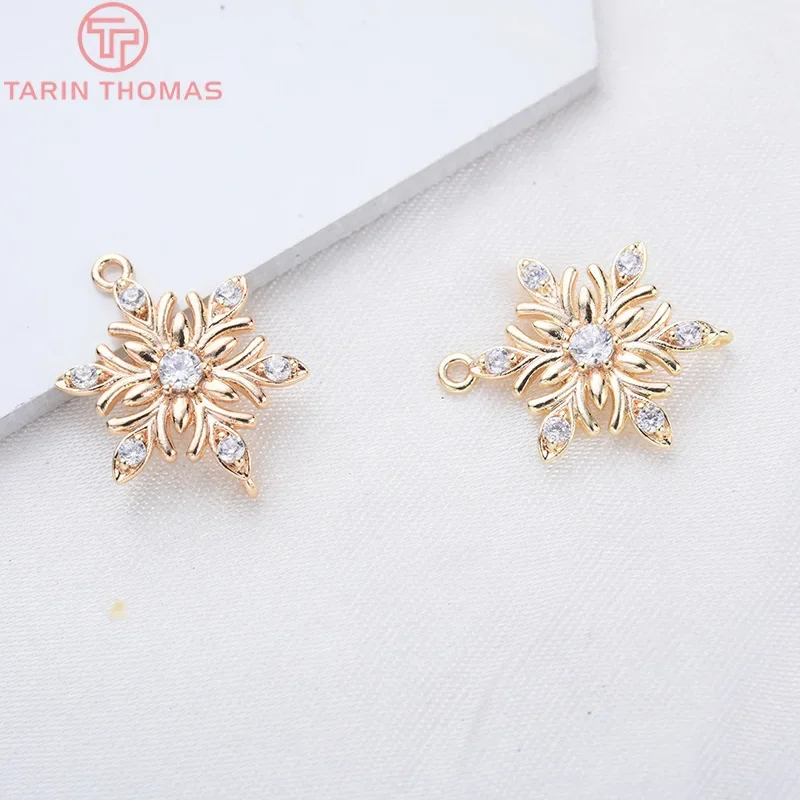 (1678)4PCS 13x18MM 24K Gold Color Brass with Zircon Flower Connector Charms High Quality DIY Jewelry Making Findings Accessories