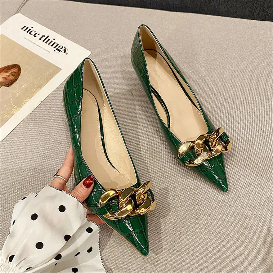 2024 Spring Casual Single Shoes Black Green Patent Leather Pointed Women Pumps Fashion Chain Shallow Office Lady Flat Heel Shoes