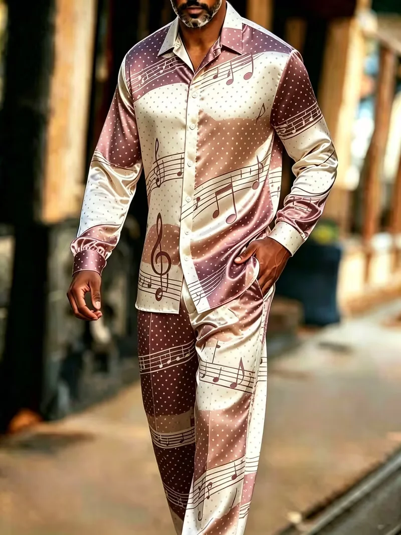 New Men's New Chinese Wave Gradient Set with Collar, Long Sleeve Shirt, Long Pants, Two Piece Set for Party Men's Wear view 3