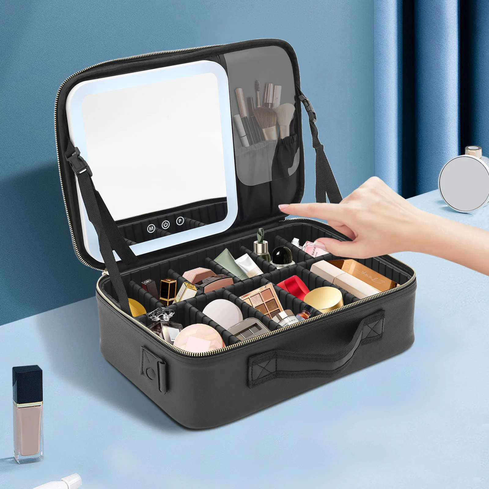 

3 Color lights Makeup Bag with Mirror Travel Makeup Train Case Cosmetic Bag Organizer Portable Artist Storage Bag