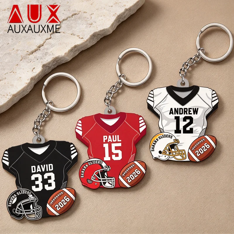 Auxauxme Personalized Custom American Football Jersey Keychain Stainless Steel Engrave Color Photo Name Number Key Ring Gifts
