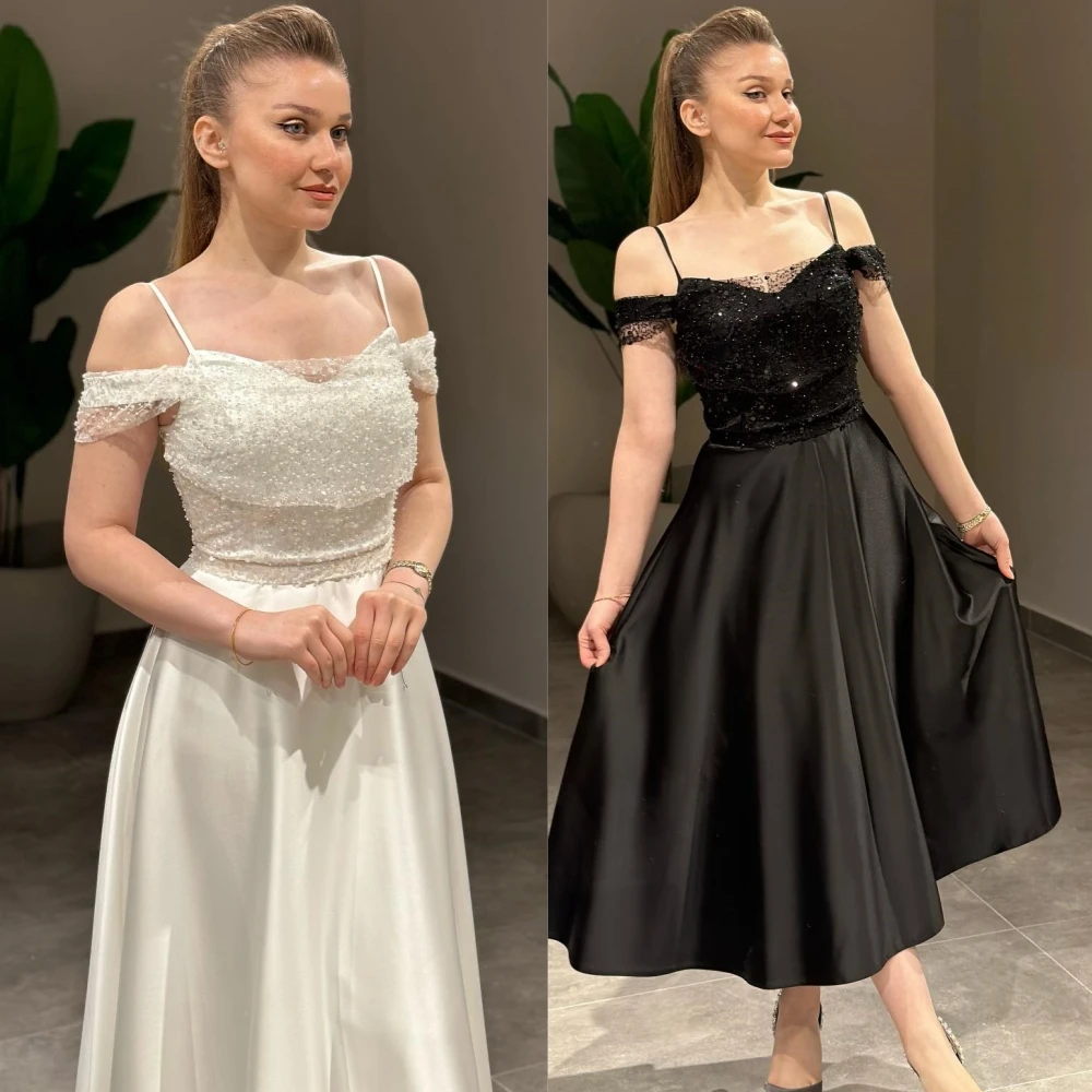 

Jersey Sequined Pleat Cocktail Party A-line Off-the-shoulder Bespoke Occasion Gown Midi Dresses