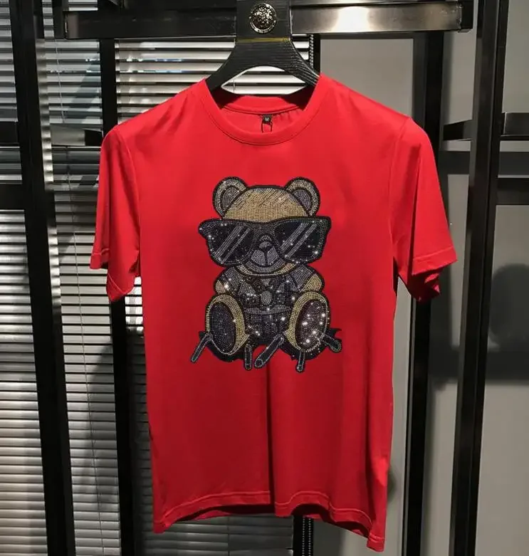 2025 Summer Short Sleeve T Shirts Women Clothing Cartoon Bear Rhinestones 100% Cotton Fashion Streetwear O Neck Ladies Tshirt