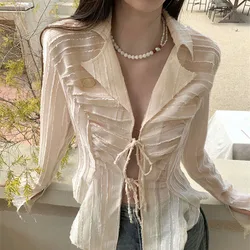 Gidyq Women Sexy Lace Up Blouse Korean Fashion Ladies Long Sleeve Shirt White Y2K Spring New Turn Collar Female Tops