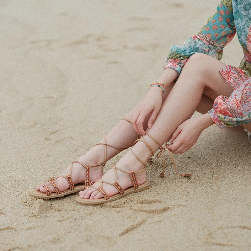 

Roman Tie-Detail Bohemian Embroidered Sandals Flat Bottom Beach Shoes for Women Holiday Casual Cross-Band Flat Heel