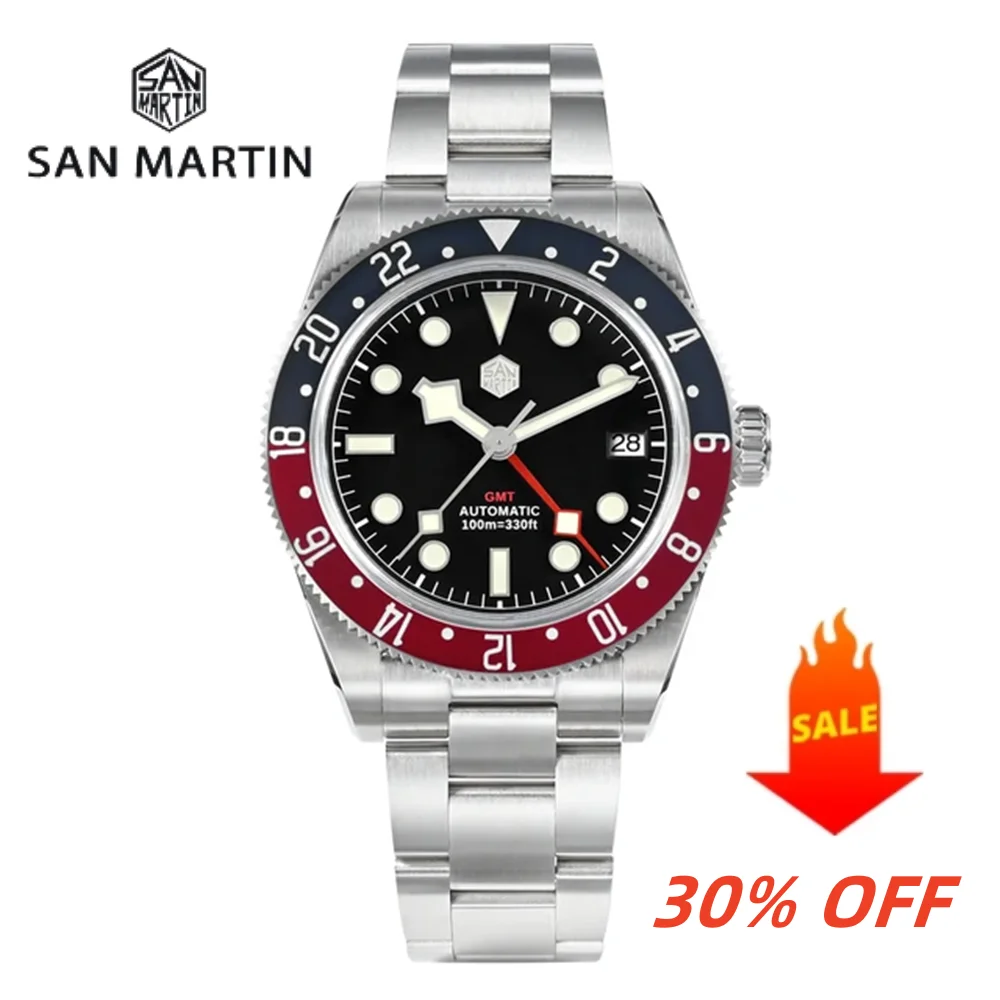 San Martin 2024 NH34 GMT Luxury Men\'s Automatic Mechanical Bidirectional Aluminum Bezel Watch 3H Date Waterproof 100m SN0109