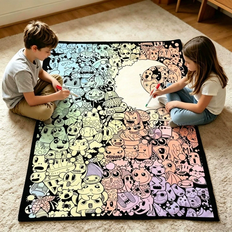 Pastel Gradient Spooky Doodle Blanket Cozy Fleece Throw Blanket Suitable For Children Coloring And Craft Game