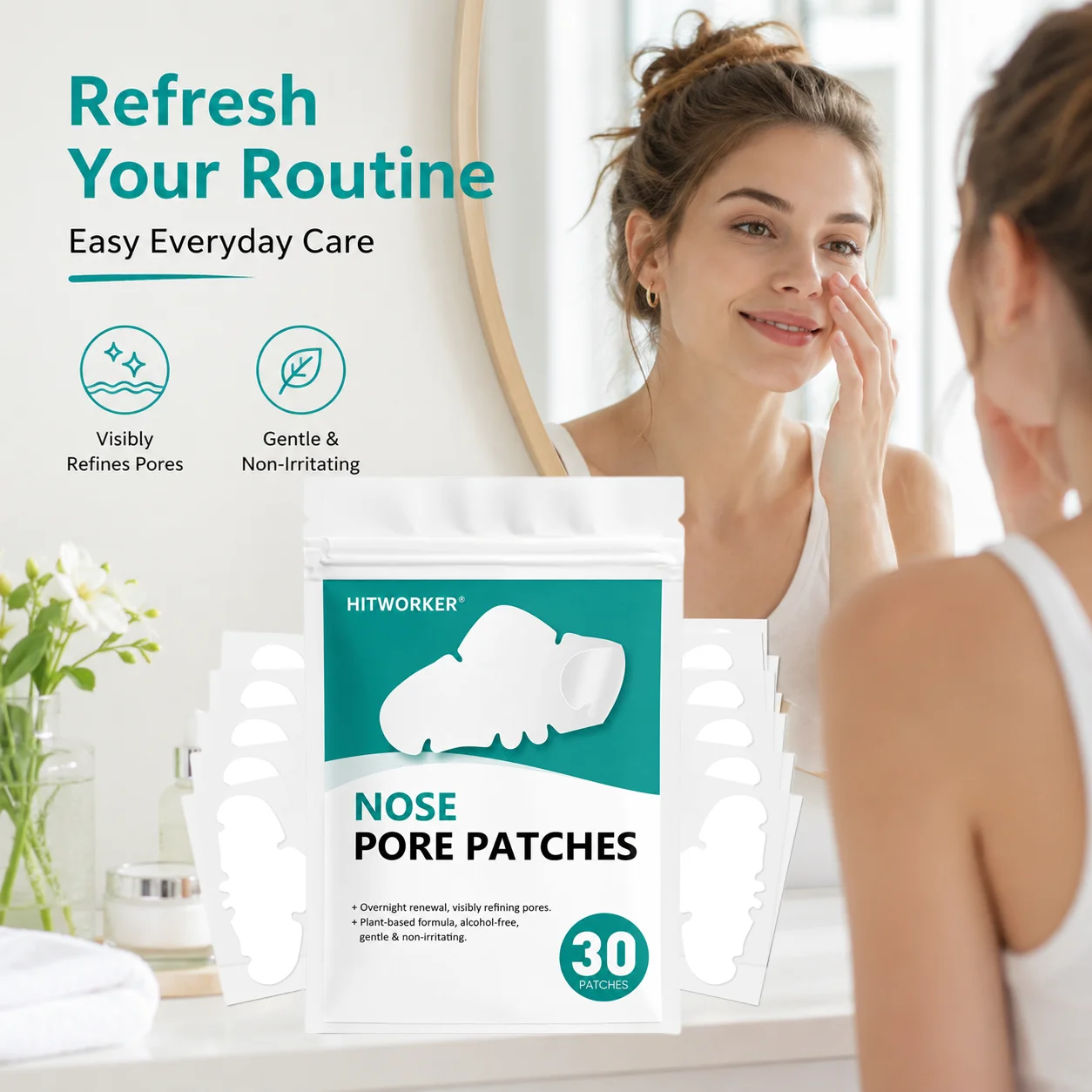 30Pcs Nose Pore Patches, Plant-Based Nose Strips, Alcohol Free Gentle Face Care Stickers for Daily Skin Care