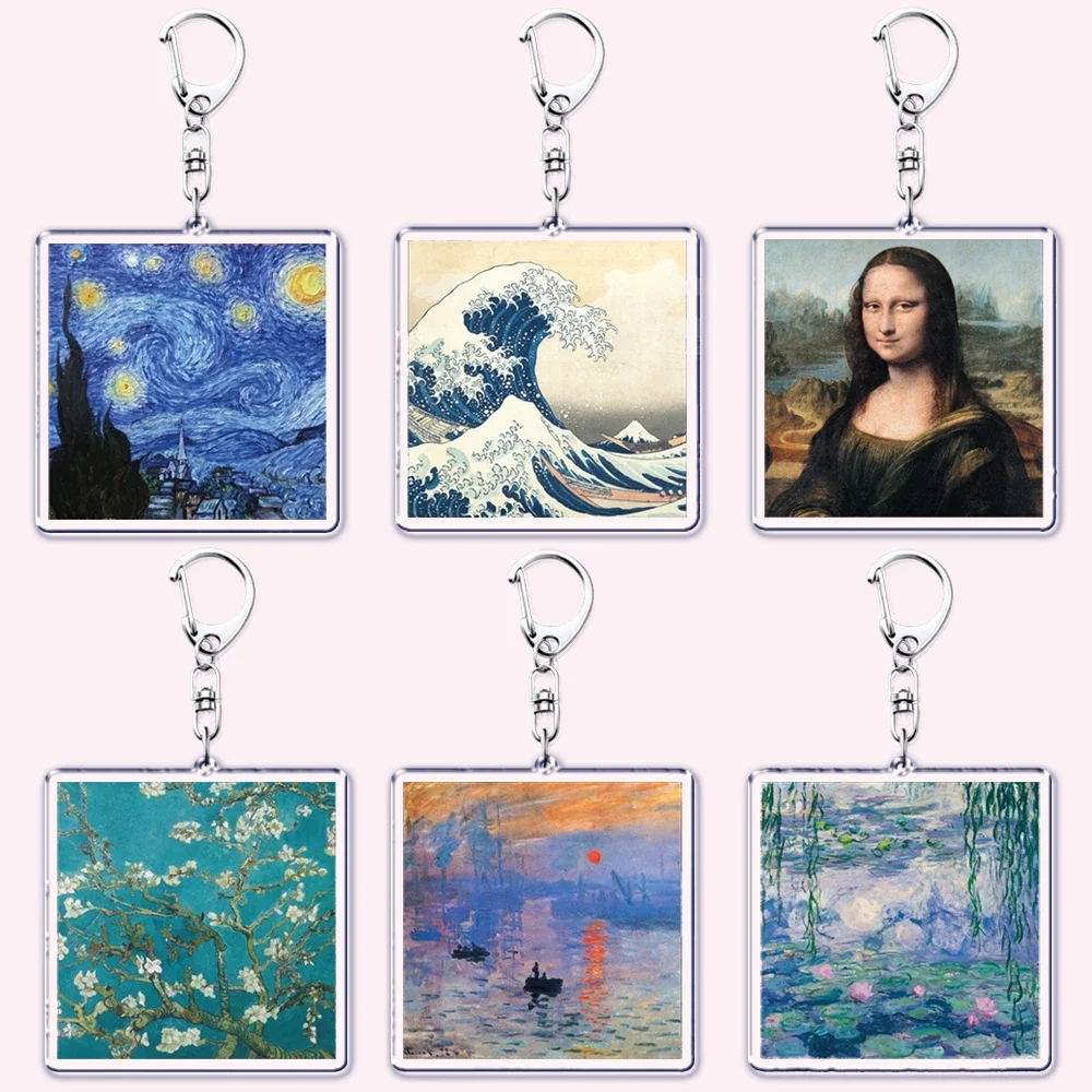 Hot Impressionism Art Keychain for Accessories Bag Van Gogh Monet Mona Lis Oil Painting Pendant Chain Ring Keyring Jewelry Gifts